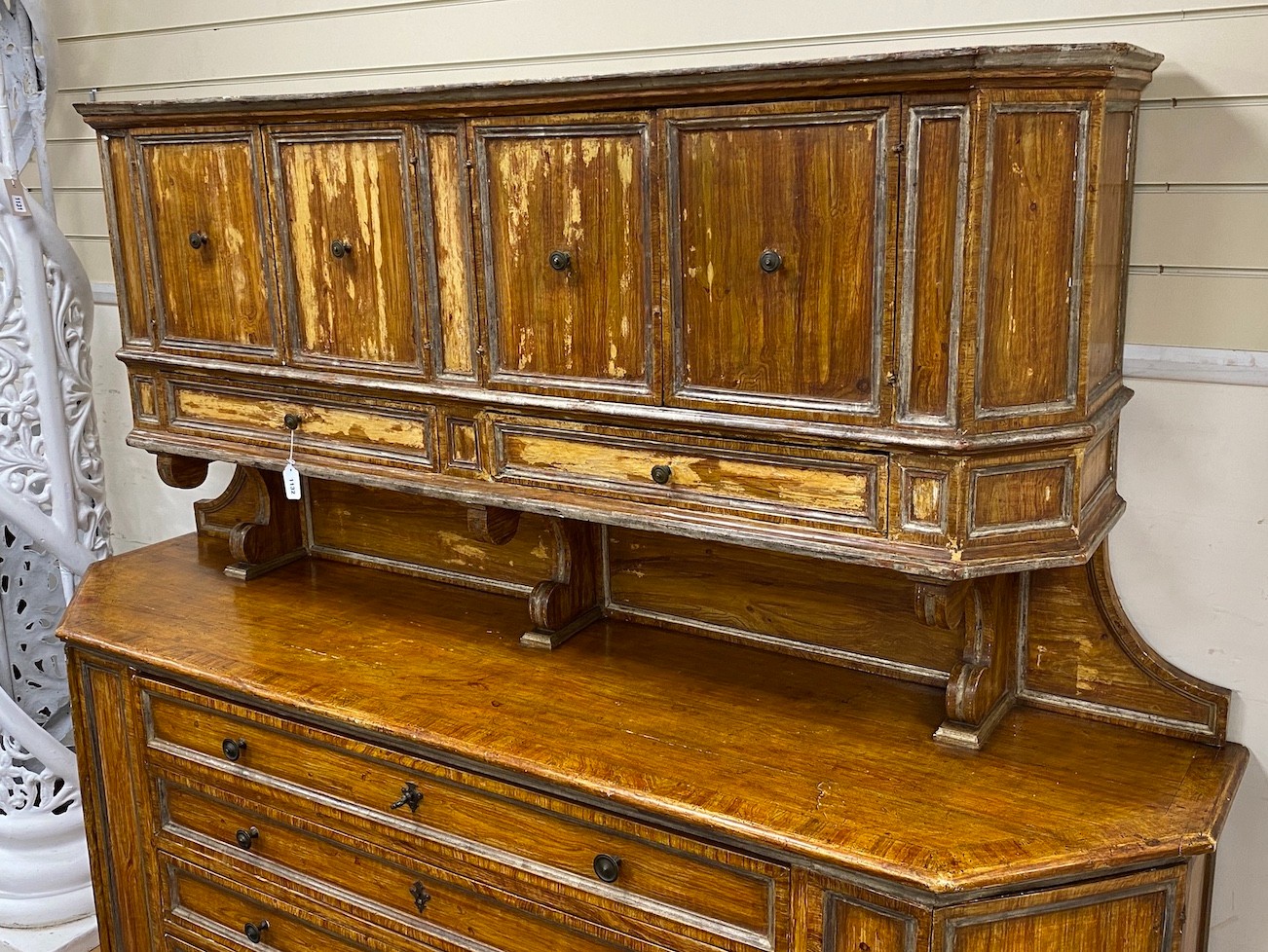 A late 18th/early 19th century French wood grain painted pine buffet, height 168cm, width 202cm, depth 52cm